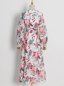 Lantern Sleeve Deep V-Neck Crop Tops & Floral Print A-Line Skirts