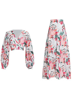 Lantern Sleeve Deep V-Neck Crop Tops & Floral Print A-Line Skirts