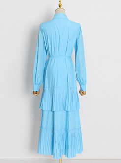 Exclusive Shirt Collar Single-Breasted Pleated Long Pleated Tiered Dresses