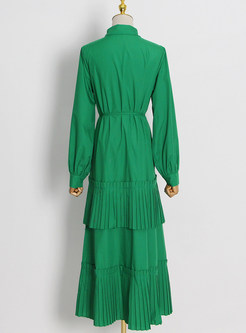 Exclusive Shirt Collar Single-Breasted Pleated Long Pleated Tiered Dresses