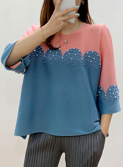 Color-Blocked Pearl Decoration Tops For Women