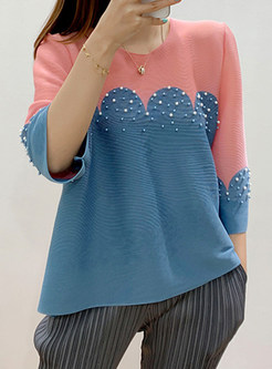 Color-Blocked Pearl Decoration Tops For Women