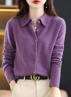 Shirt Collar Solid Color Button Closure Open Front Knitted For Women