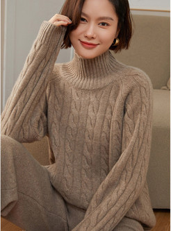 Mockneck Cashmere Long Sleeve Cable Sweaters For Women