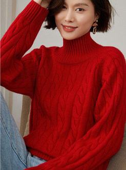Mockneck Cashmere Long Sleeve Cable Sweaters For Women