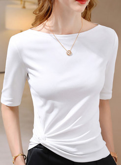 Crewneck Half Sleeve Knot Front Tees For Women