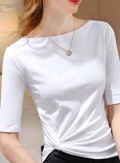 Crewneck Half Sleeve Knot Front Tees For Women