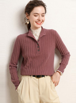 Shirt Collar Plush Half Snap Knitted Jumper For Women