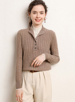 Shirt Collar Plush Half Snap Knitted Jumper For Women