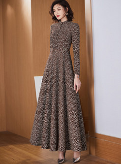 Long Sleeve Leopard Print Big Hem Maxi Dresses
