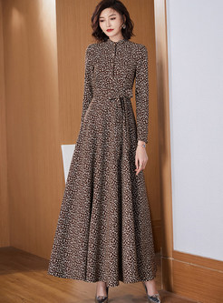 Long Sleeve Leopard Print Big Hem Maxi Dresses