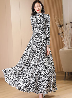 Mock Neck Keyhole Long Sleeve Leopard Print Big Hem Maxi Dresses