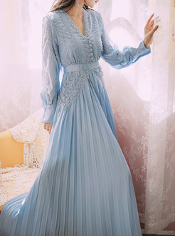 Glamorous V-Neck Water Soluble Lace Pleated Chiffon Maxi Dresses