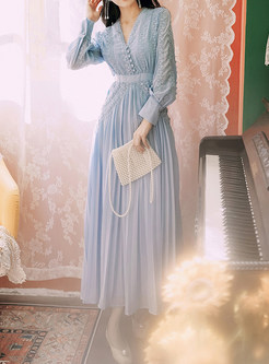 Glamorous V-Neck Water Soluble Lace Pleated Chiffon Maxi Dresses