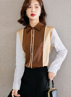 Turn-Down Collar Striped Patchwork Women Blouses