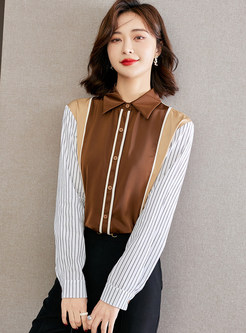 Turn-Down Collar Striped Patchwork Women Blouses