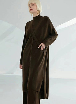 Oversize V-Neck Solid Color Long Sleeve Knitted Dresses
