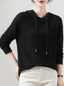 Relaxed Openwork Long Sleeve Hooded Knitted Jumper For Women