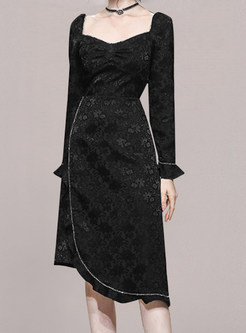Square Neck Long Sleeve Irregular Jacquard Little Black Dresses