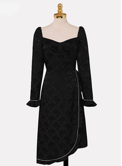 Square Neck Long Sleeve Irregular Jacquard Little Black Dresses
