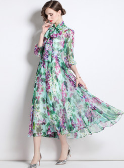 Sweet & Cute Tie 3/4 Sleeve Allover Print Chiffon Dresses