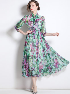 Sweet & Cute Tie 3/4 Sleeve Allover Print Chiffon Dresses