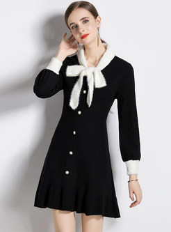 Tie Single-Breasted Color Contrast Mini Knitted Dresses