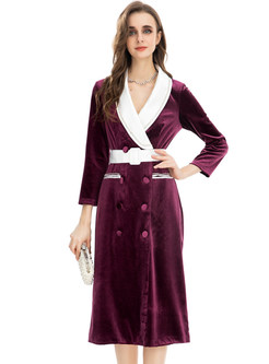 Large Lapels Fashion Color Contrast Double-Breasted Office Dresses