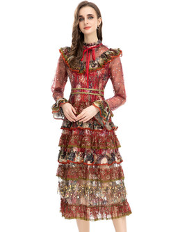 Mockneck Floral Print Long Sleeve Patch Pleated Tiered Dresses