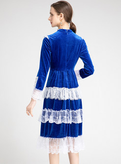 Crewneck Lace-Trimmed Velvet Pleated Tiered Dresses