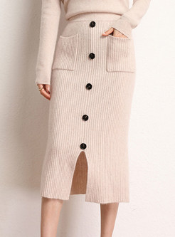 Single-Breasted Slit Knitted Pencil Skirts Women