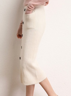 Single-Breasted Slit Knitted Pencil Skirts Women