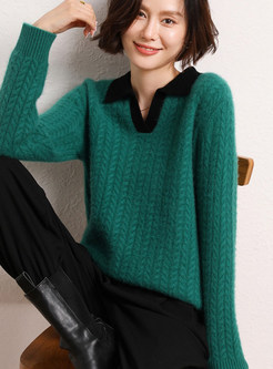 Turn-Down Collar Contrasting Cable Knit Sweaters Women