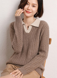 Turn-Down Collar Contrasting Cable Knit Sweaters Women