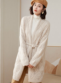 Thick Long Sleeve Cable Knit Tie Strap Cardigans Women