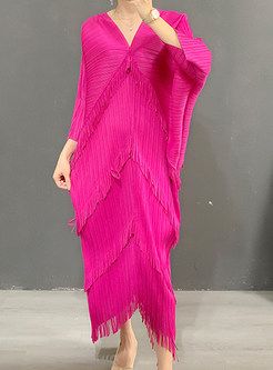 Pleated Fringes V-Neck Solid Color Plus Size Dresses