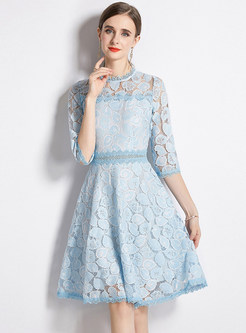 Sweet & Cute Embroidered Crew Neck Half Sleeve Lace Dresses