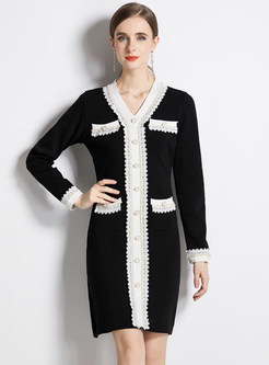 V-Neck Contrasting Long Sleeve Beading Decoration Knitted Dresses