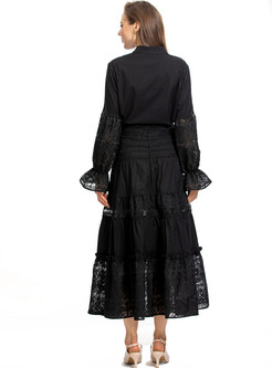 Stylish Lace Openwork Long Sleeve Skirt Suits