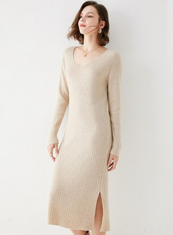 V-Neck Long Sleeve Ribbed-Knit Solid Color Knitted Dresses
