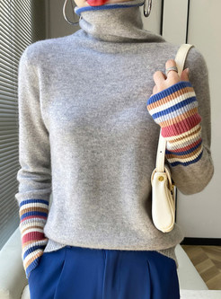 High Neck Colorful Striped Wool Knit Jumper For Women