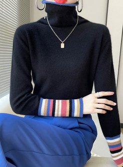 High Neck Colorful Striped Wool Knit Jumper For Women