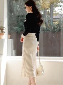 Fitted Color Contrast Knitted Skirt Outfits