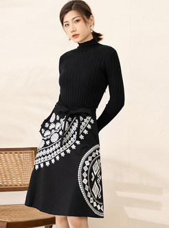 Mock Neck Printed Tight Knitted Dresses