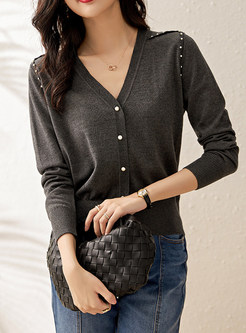 Womens Minimalist V-Neck Ribbed Open Front Knitted