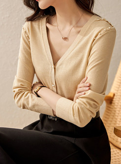Womens Minimalist V-Neck Ribbed Open Front Knitted