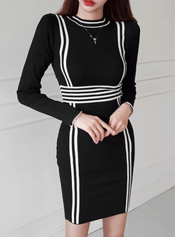 Fitted Color Contrast Knitted Pencil Dresses