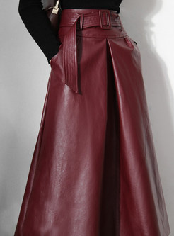 Women Chic Solid Color PU Long Skirts With Belt