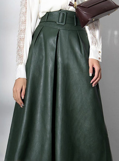 Women Chic Solid Color PU Long Skirts With Belt