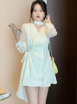 Sweet & Cute V-Neck Irregular Solid Color Short Dresses